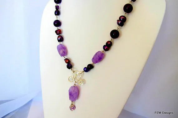 Amethyst and Pearl  Statement Handmade Necklace, birthstone gift for her