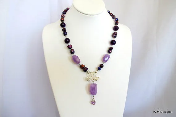 Amethyst and Pearl  Statement Handmade Necklace, birthstone gift for her