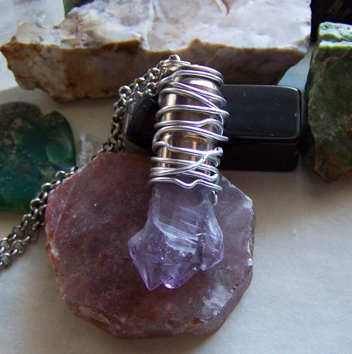 Amethyst Crystal Wire Wrapped Silver Bullet Pendant Necklace