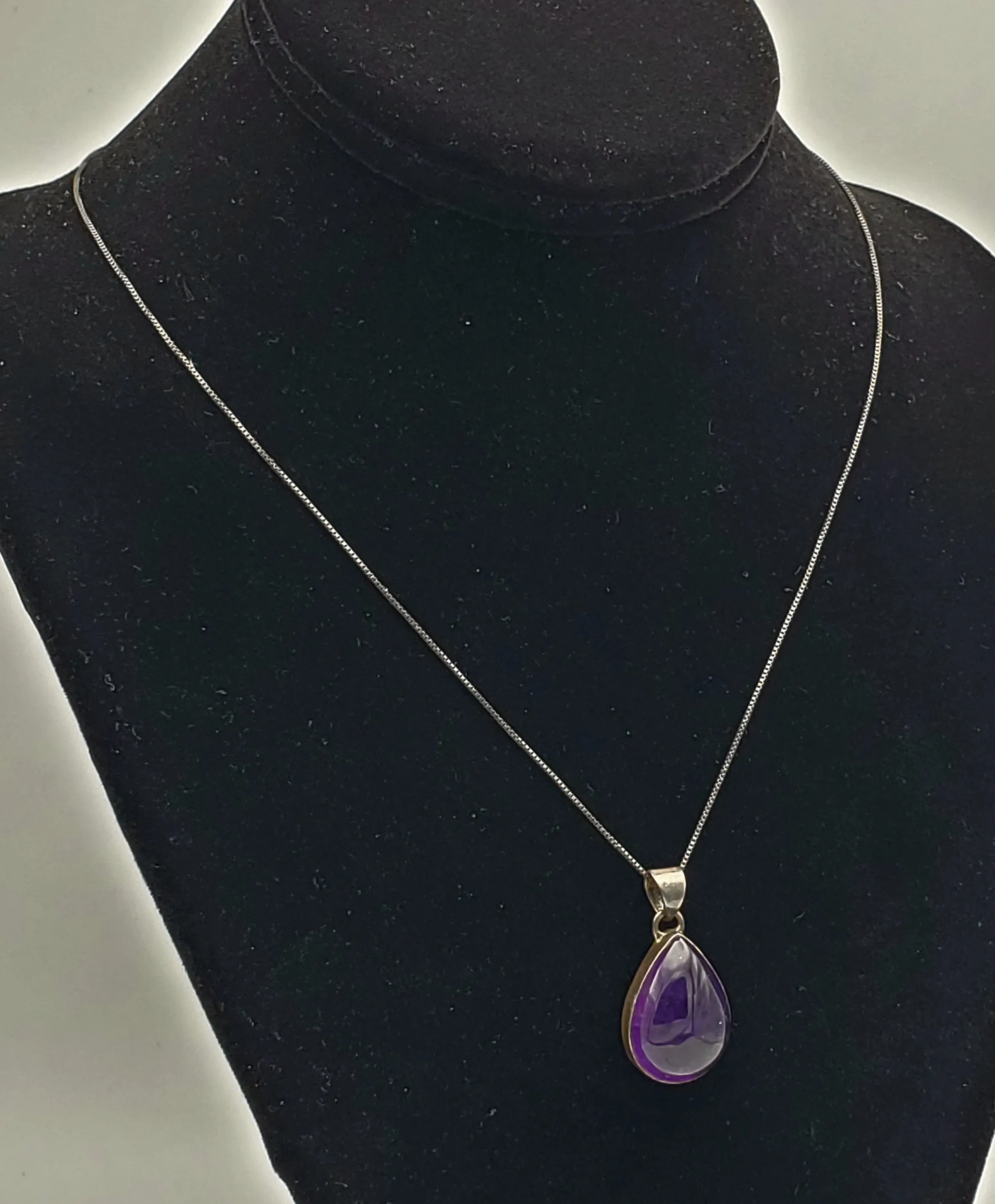 Amethyst Pear Cabochon Sterling Silver Pendant on Sterling Silver Chain Necklace - 18.5"