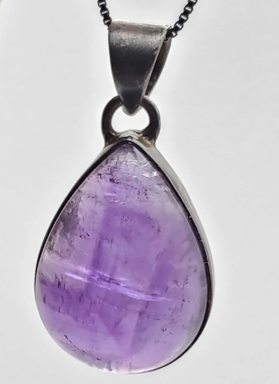 Amethyst Pear Cabochon Sterling Silver Pendant on Sterling Silver Chain Necklace - 18.5"