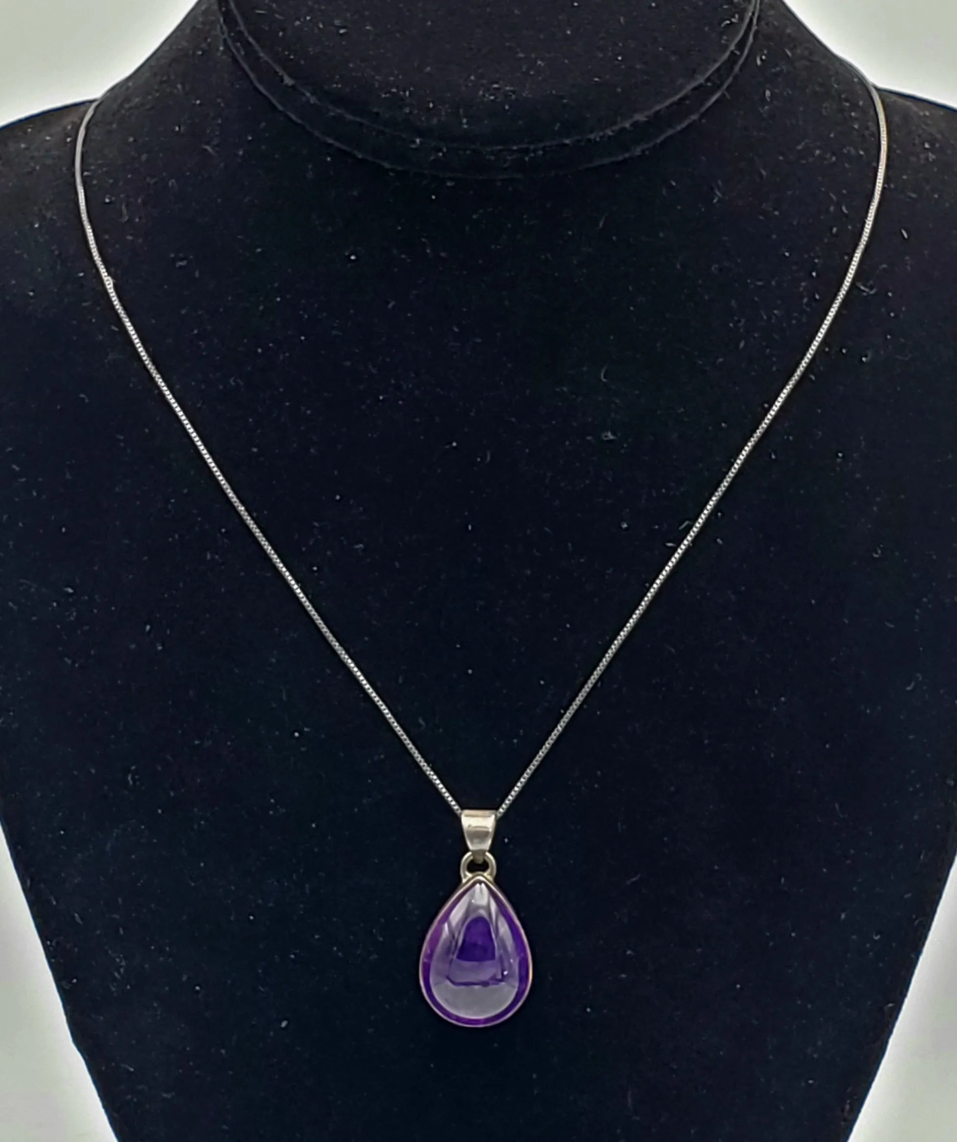 Amethyst Pear Cabochon Sterling Silver Pendant on Sterling Silver Chain Necklace - 18.5"