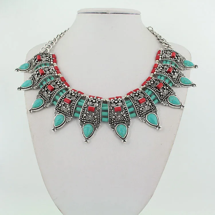 Ancient silver fashion vintage nature turquoise collar bohemian trendy simple punk style necklace for women fine jewelry