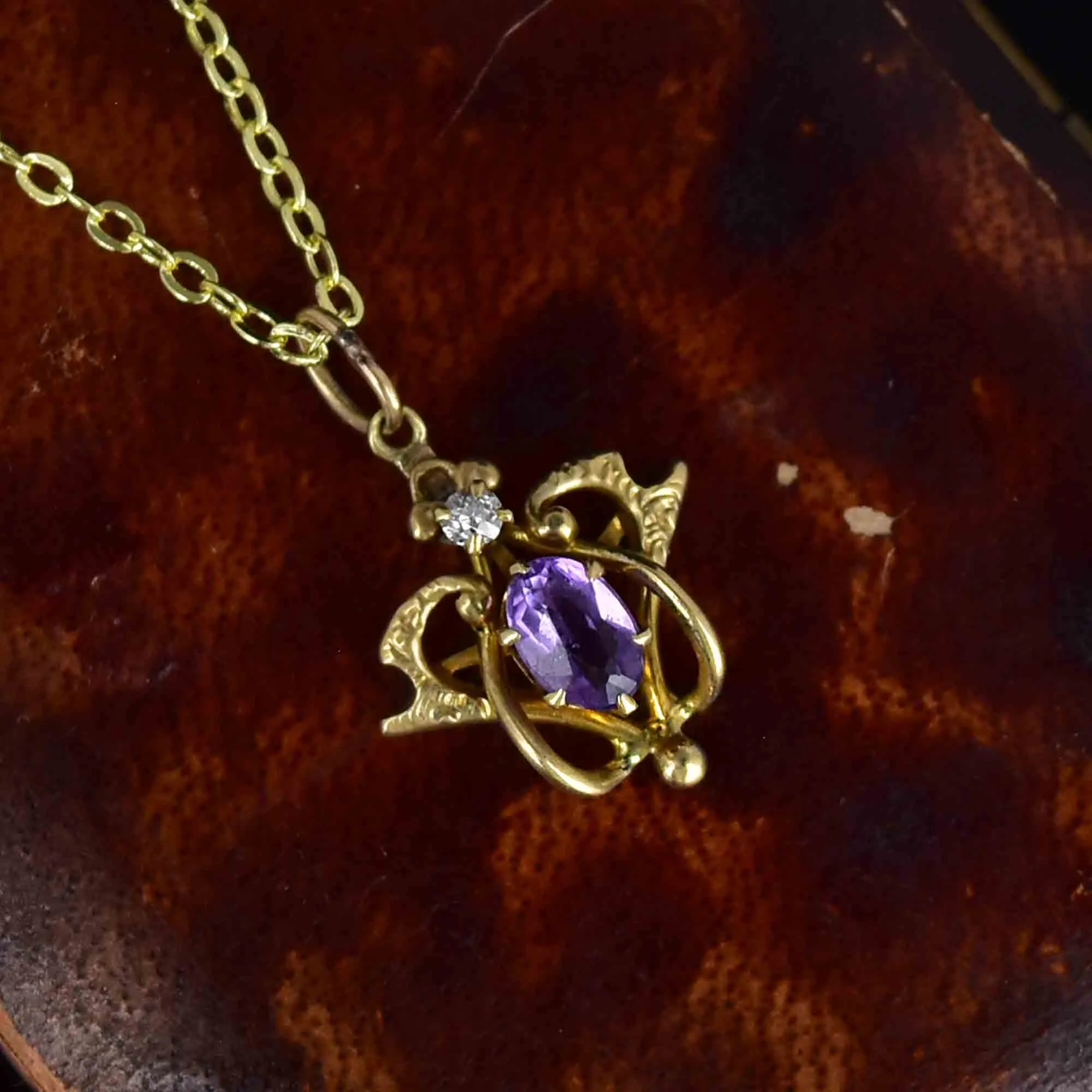 Antique Edwardian 14K Gold Diamond Amethyst Pendant Necklace