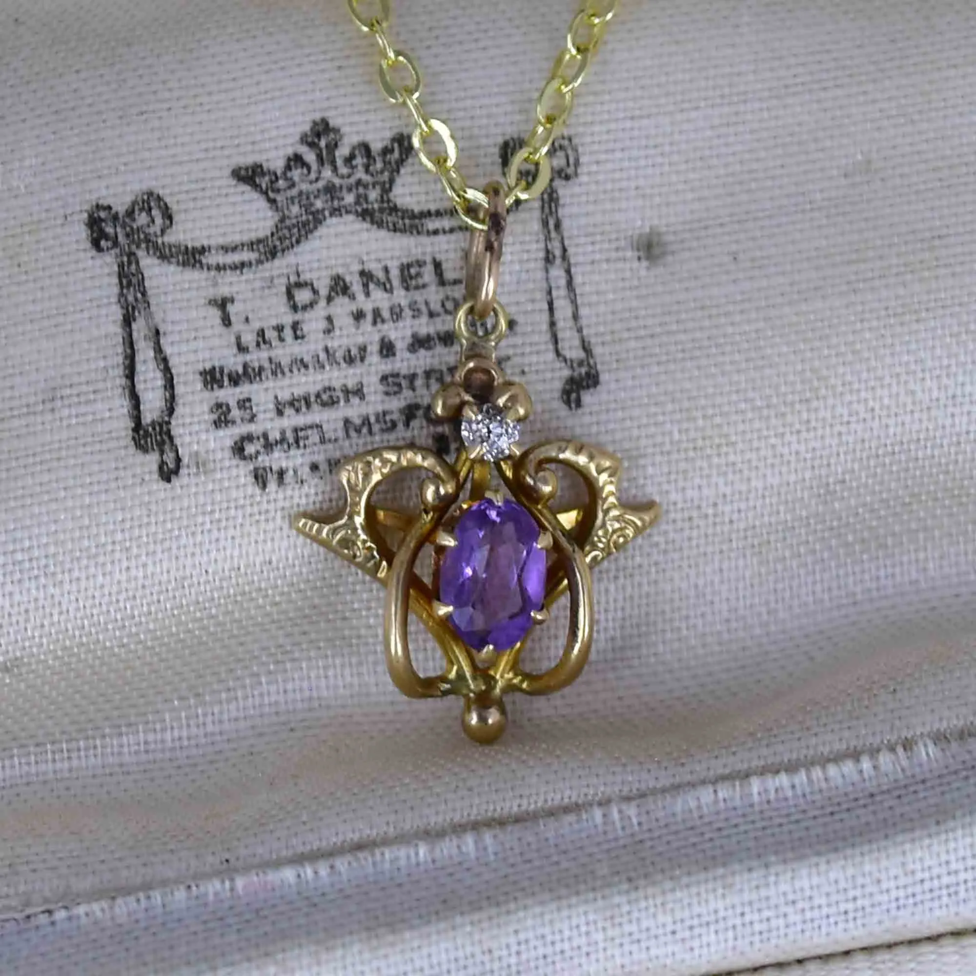 Antique Edwardian 14K Gold Diamond Amethyst Pendant Necklace