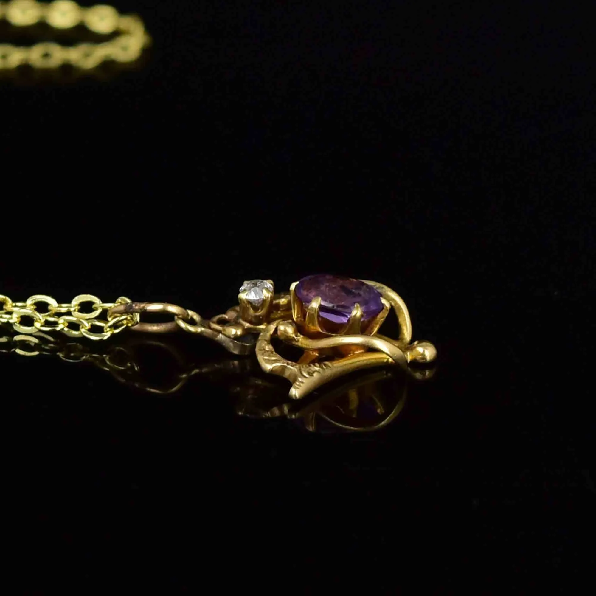 Antique Edwardian 14K Gold Diamond Amethyst Pendant Necklace