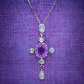 Antique Edwardian Moonstone Amethyst Pendant Necklace Silver Circa 1910