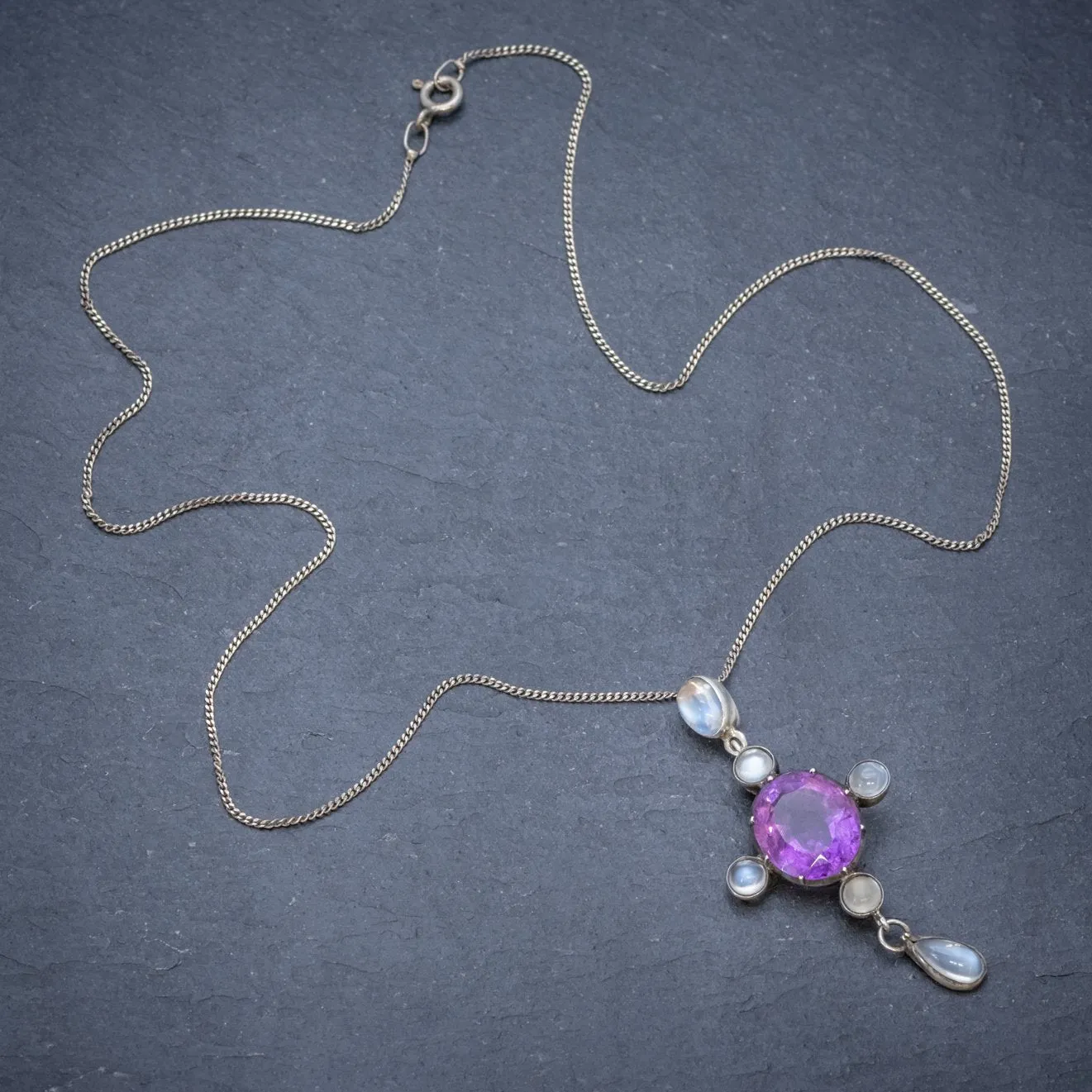 Antique Edwardian Moonstone Amethyst Pendant Necklace Silver Circa 1910