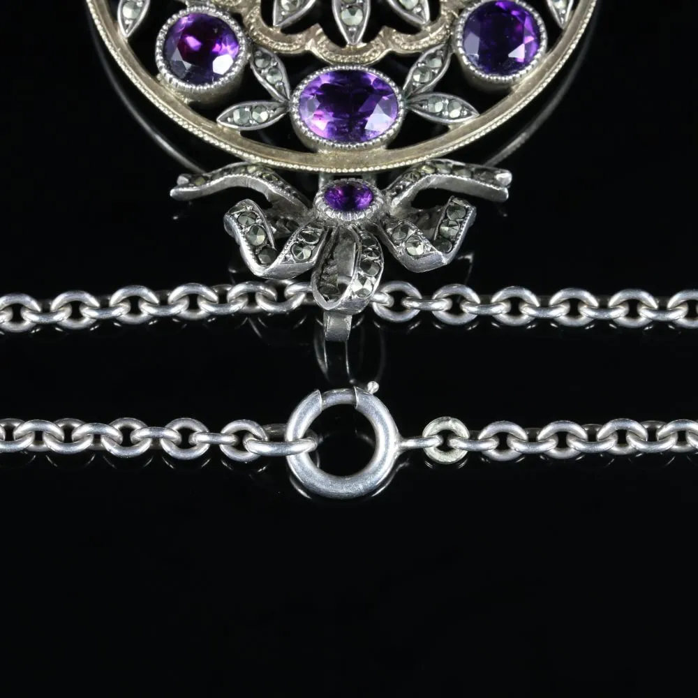 Antique Victorian Amethyst Marcasite Necklace French Silver Circa 1900