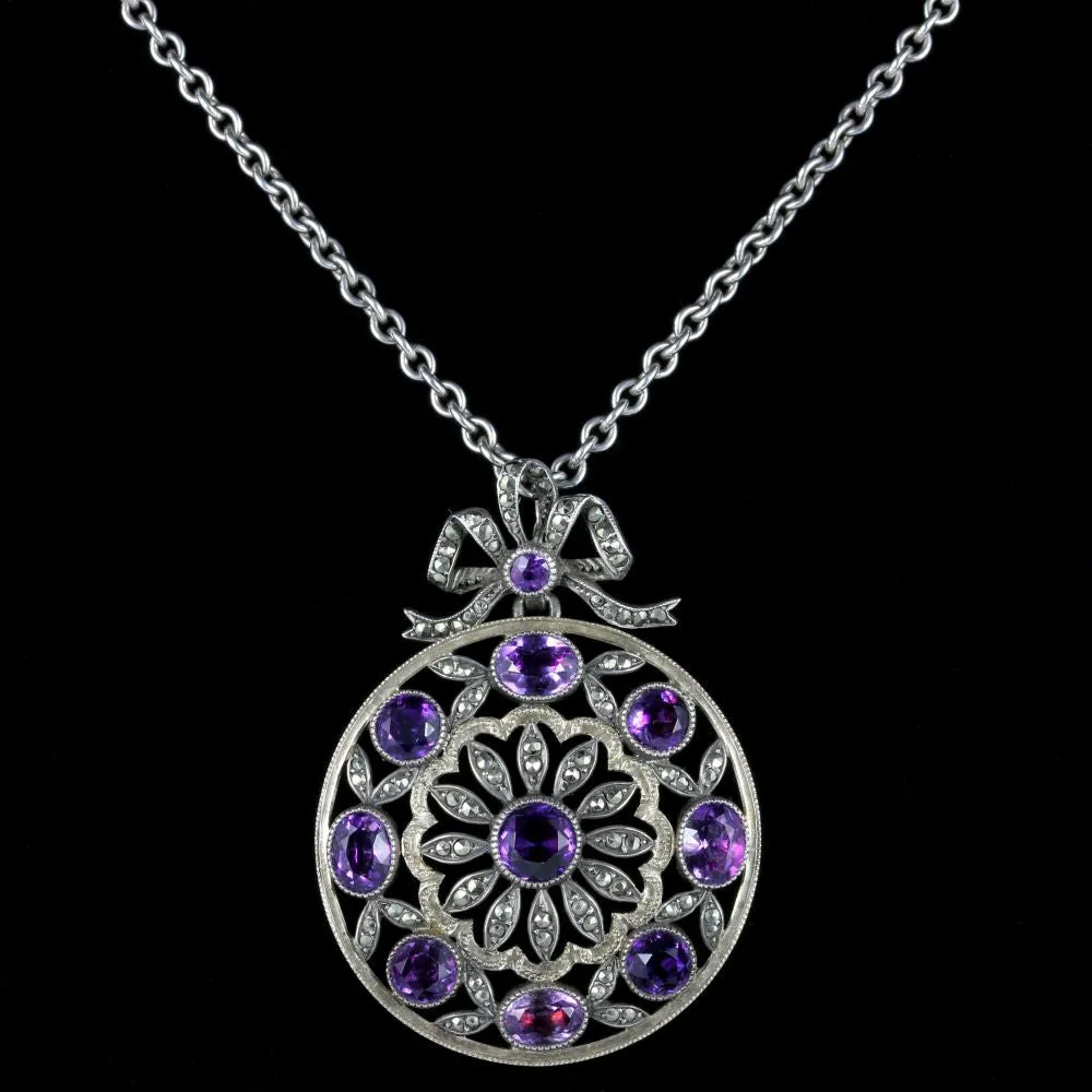 Antique Victorian Amethyst Marcasite Necklace French Silver Circa 1900