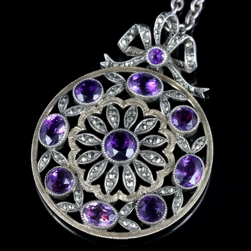 Antique Victorian Amethyst Marcasite Necklace French Silver Circa 1900