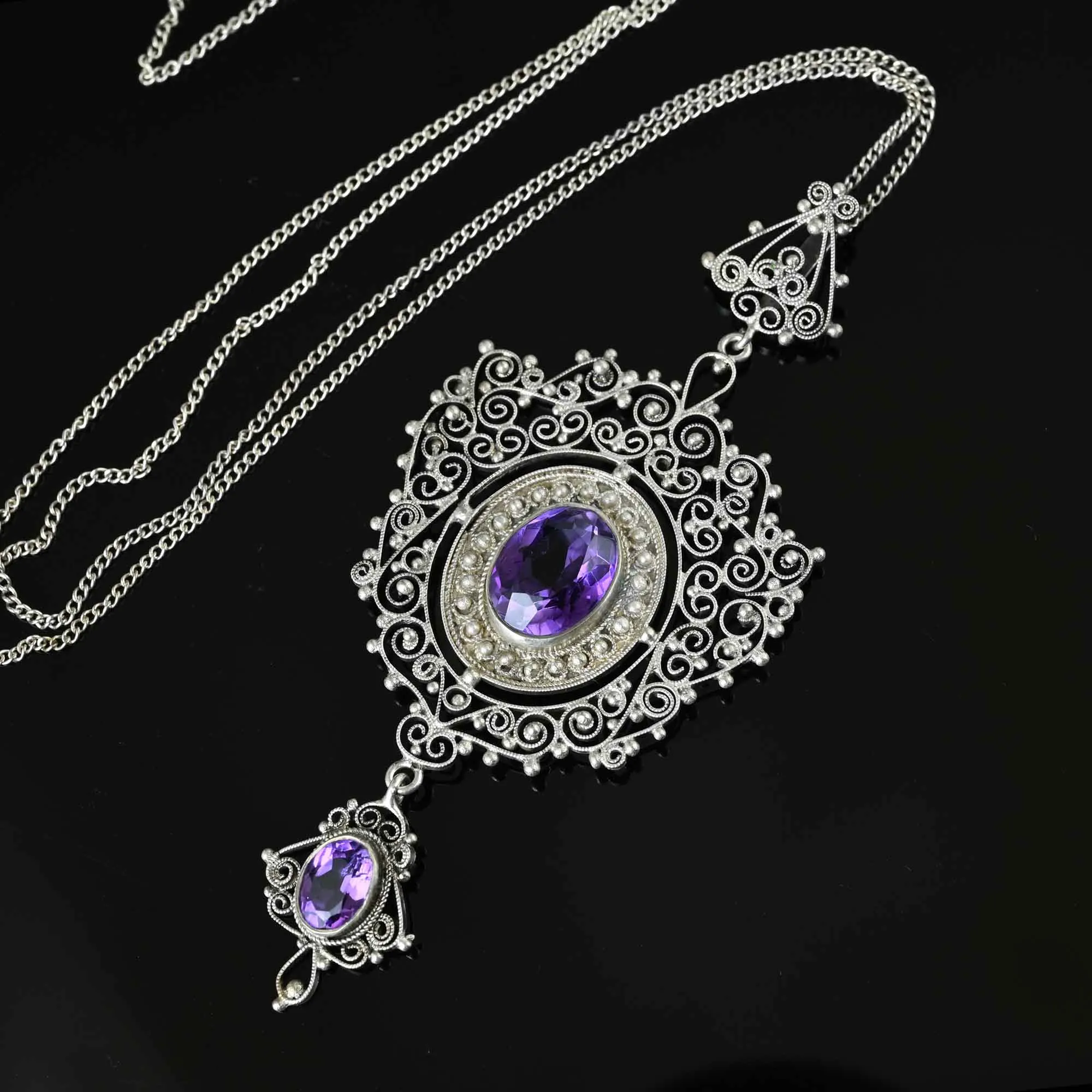 Antique Victorian Silver Filigree Amethyst Necklace