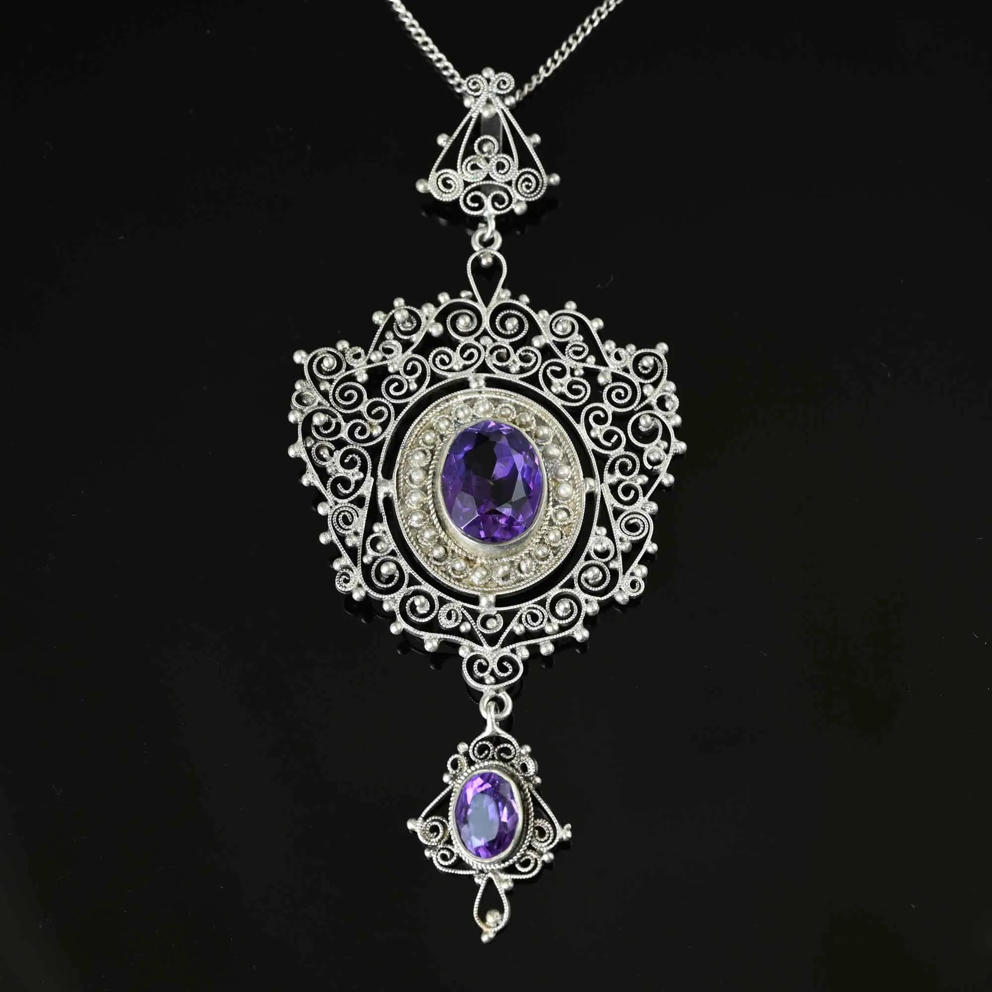 Antique Victorian Silver Filigree Amethyst Necklace