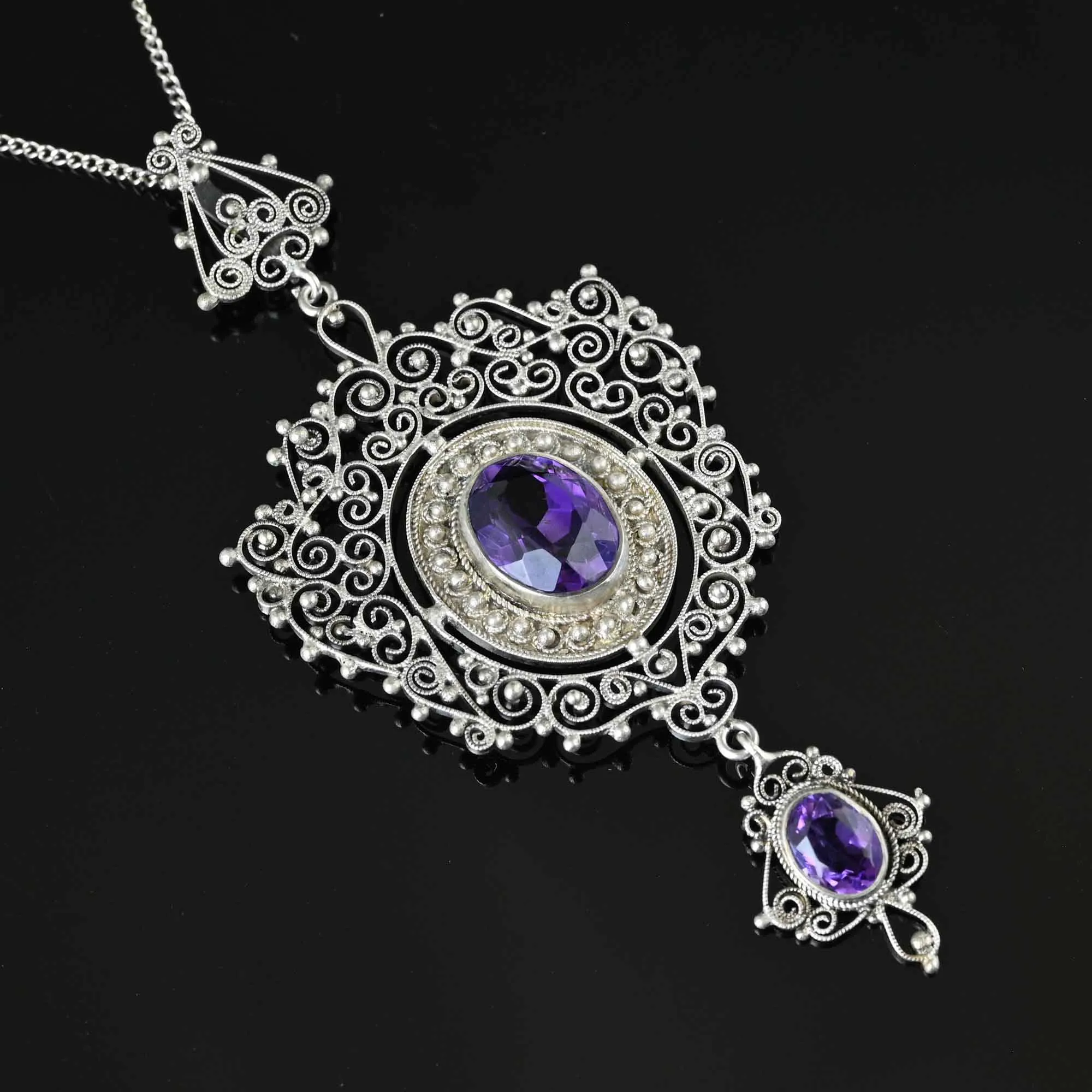 Antique Victorian Silver Filigree Amethyst Necklace