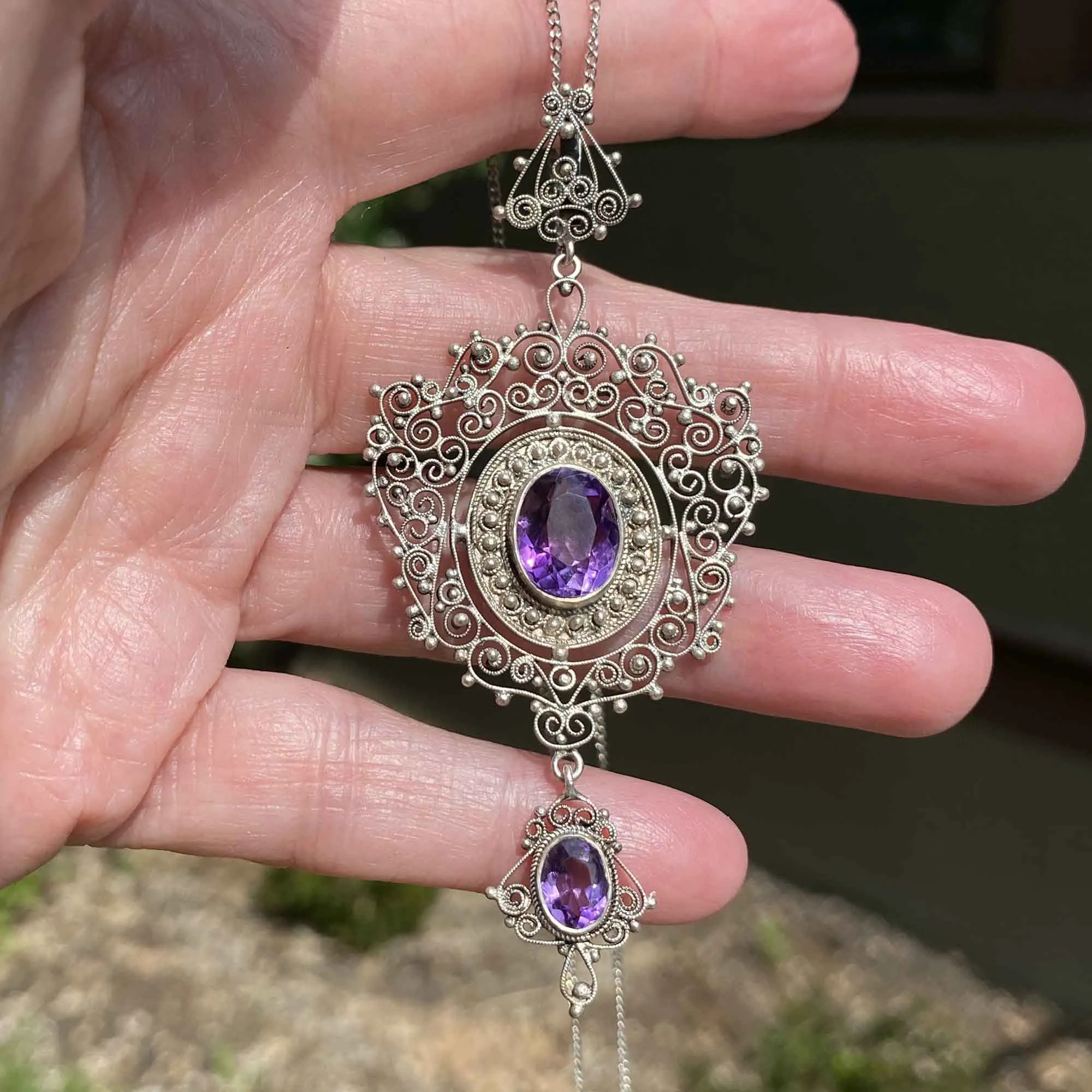 Antique Victorian Silver Filigree Amethyst Necklace