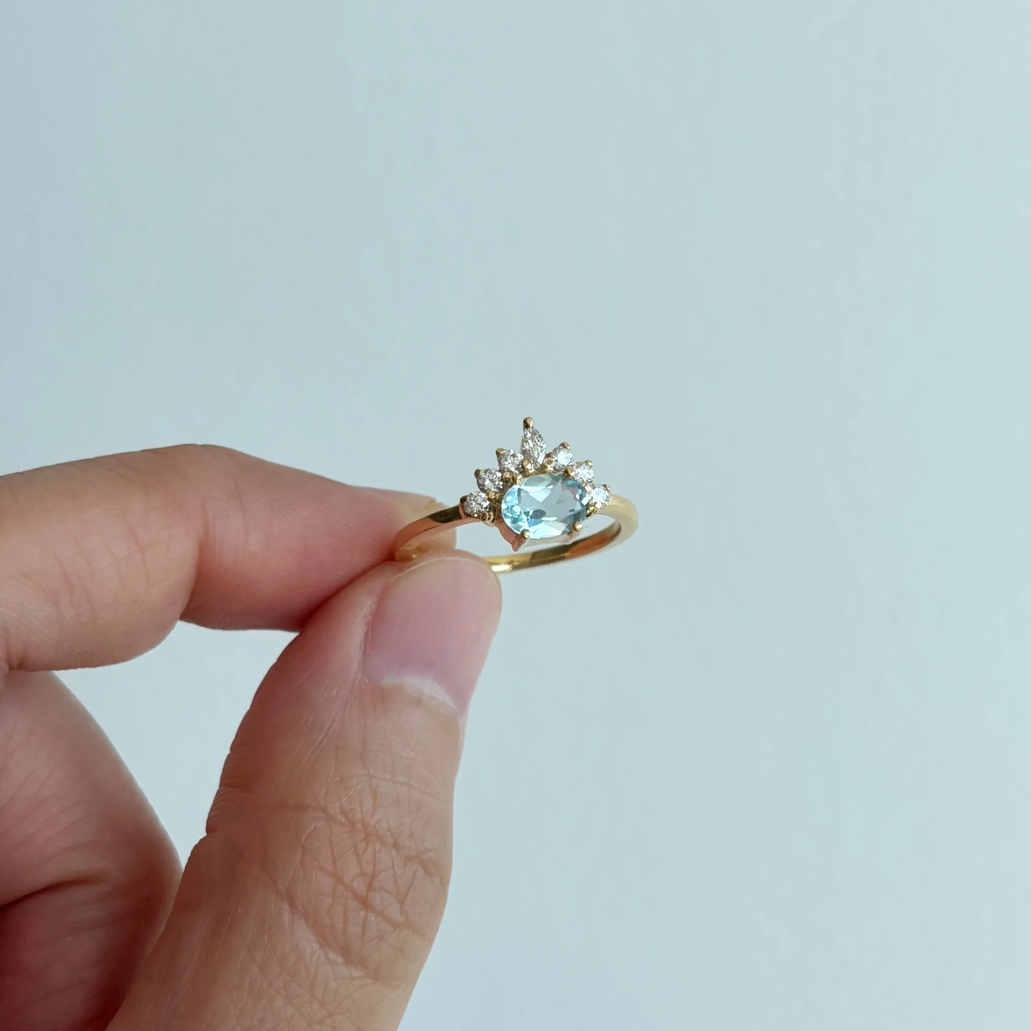 Aquamarine (0.545 ct) with Diamond Crown Ring, Solid 14k Gold | ONE-OF-A-KIND