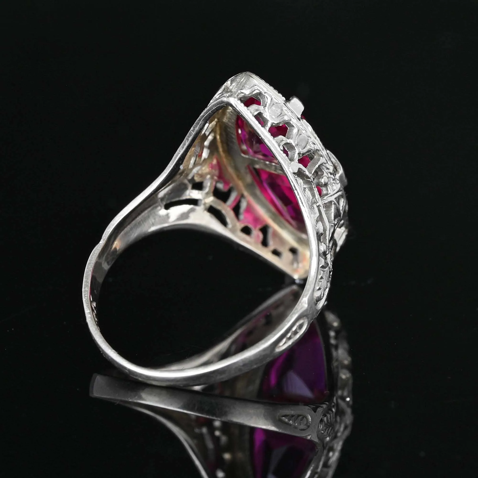 Art Deco 14K White Gold Filigree Trillion Ruby Ring