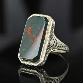 Art Deco 18K White Gold Filigree Bloodstone Ring