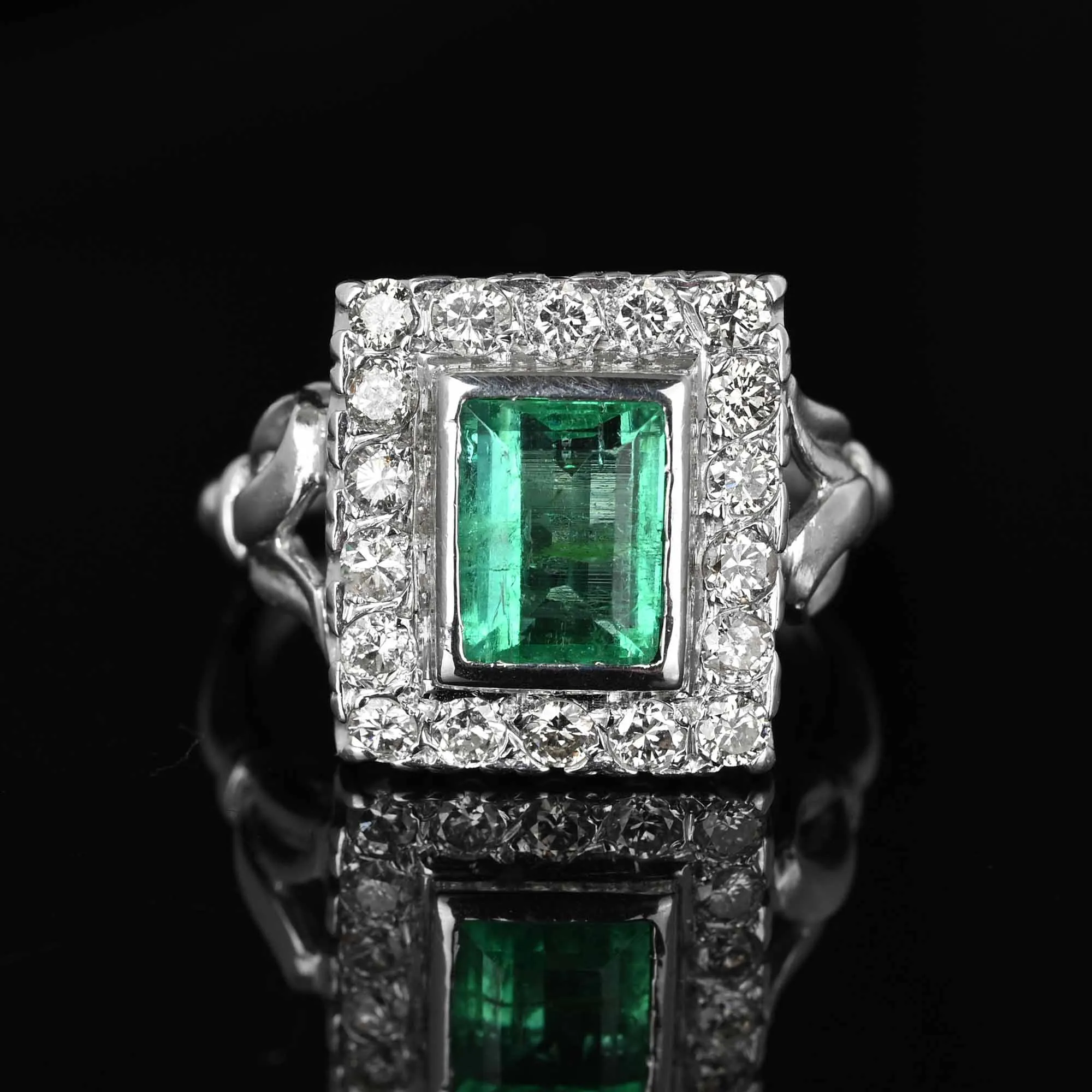 Art Deco Style 2 Carat Columbian Emerald and Diamond Ring