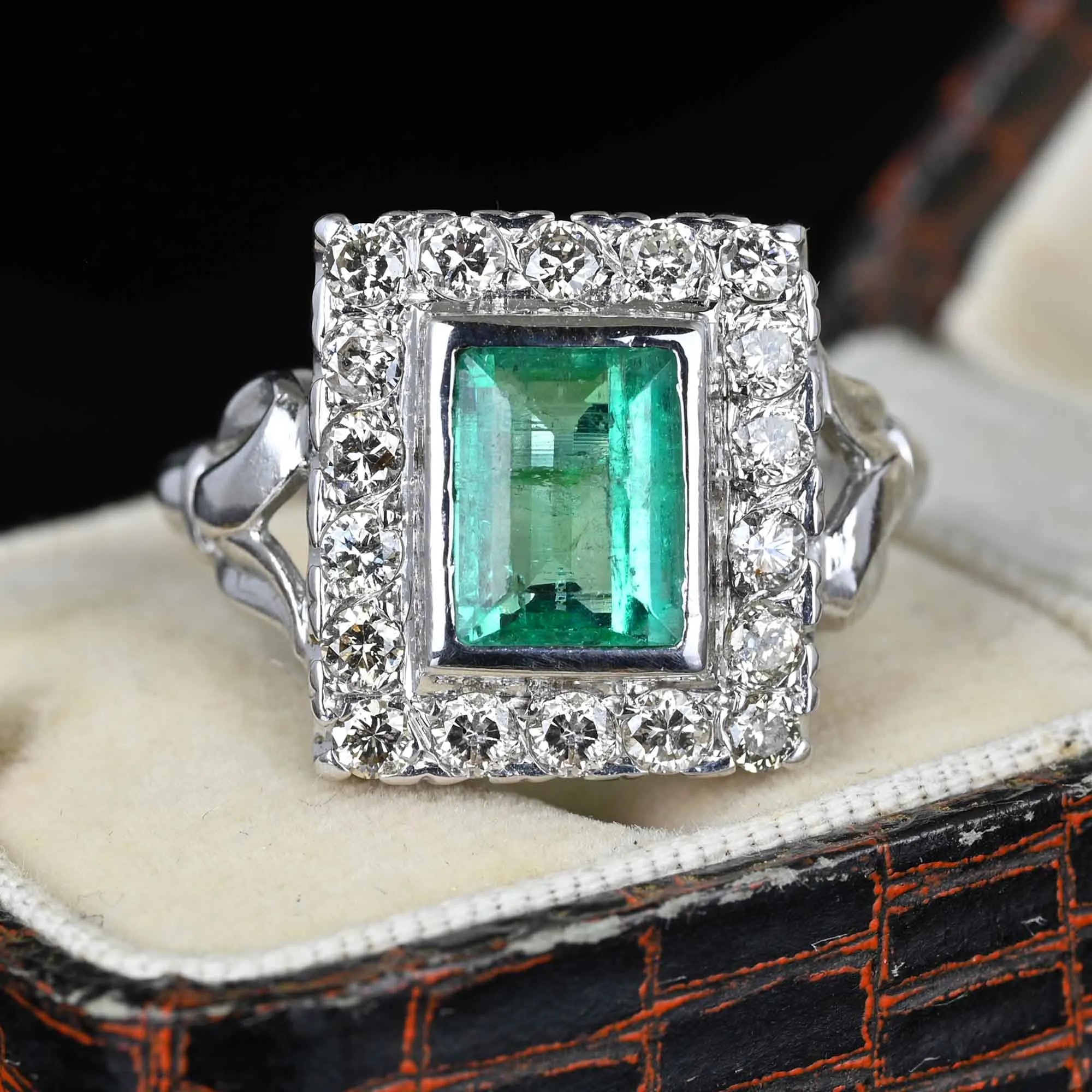 Art Deco Style 2 Carat Columbian Emerald and Diamond Ring