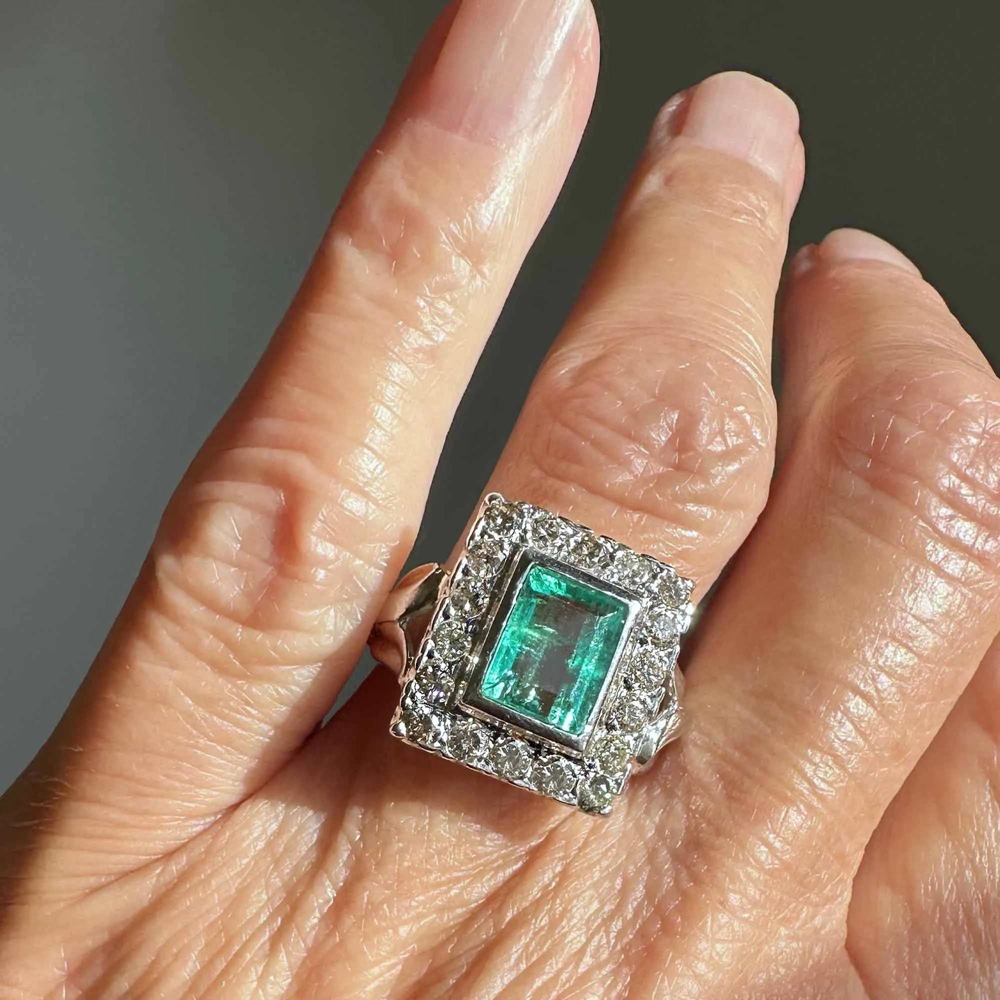 Art Deco Style 2 Carat Columbian Emerald and Diamond Ring