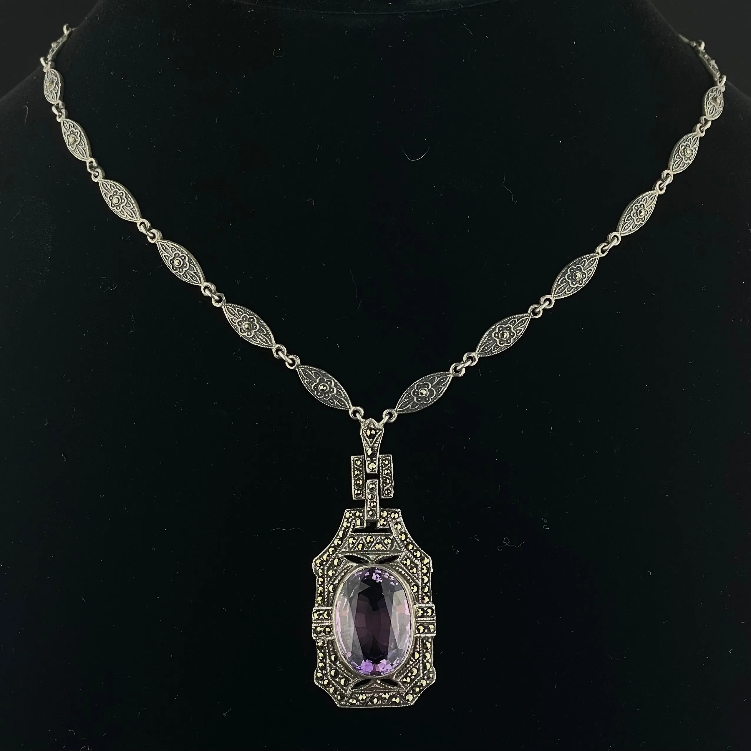 Art Deco Style Amethyst Marcasite Pendant Necklace