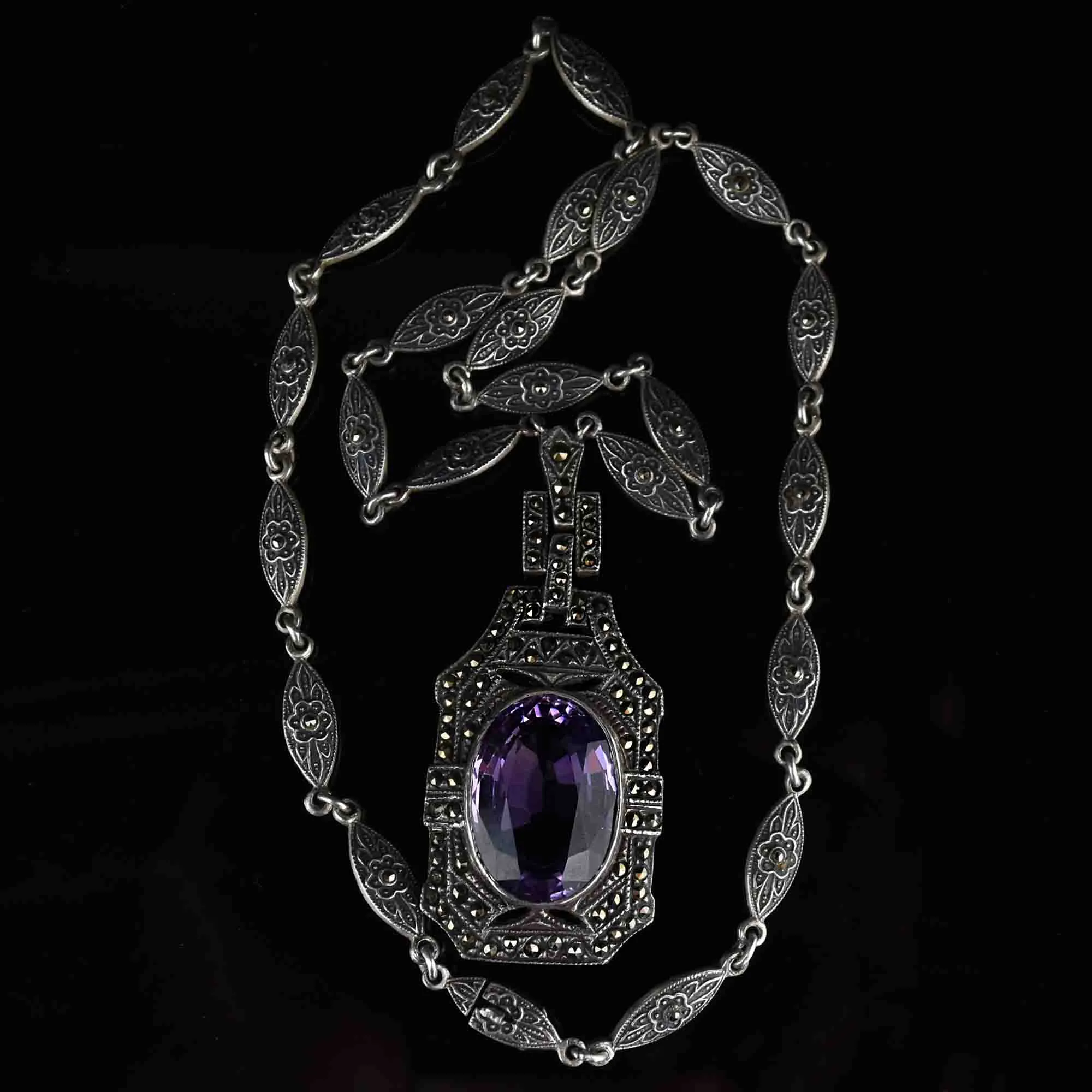 Art Deco Style Amethyst Marcasite Pendant Necklace