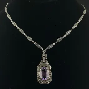 Art Deco Style Amethyst Marcasite Pendant Necklace