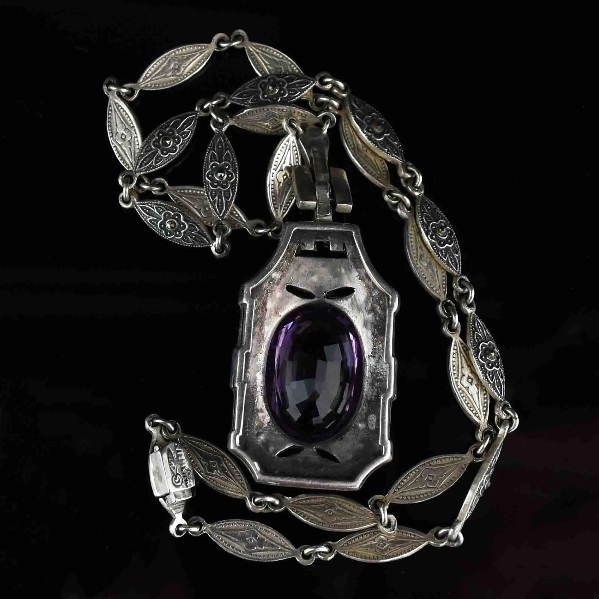 Art Deco Style Amethyst Marcasite Pendant Necklace