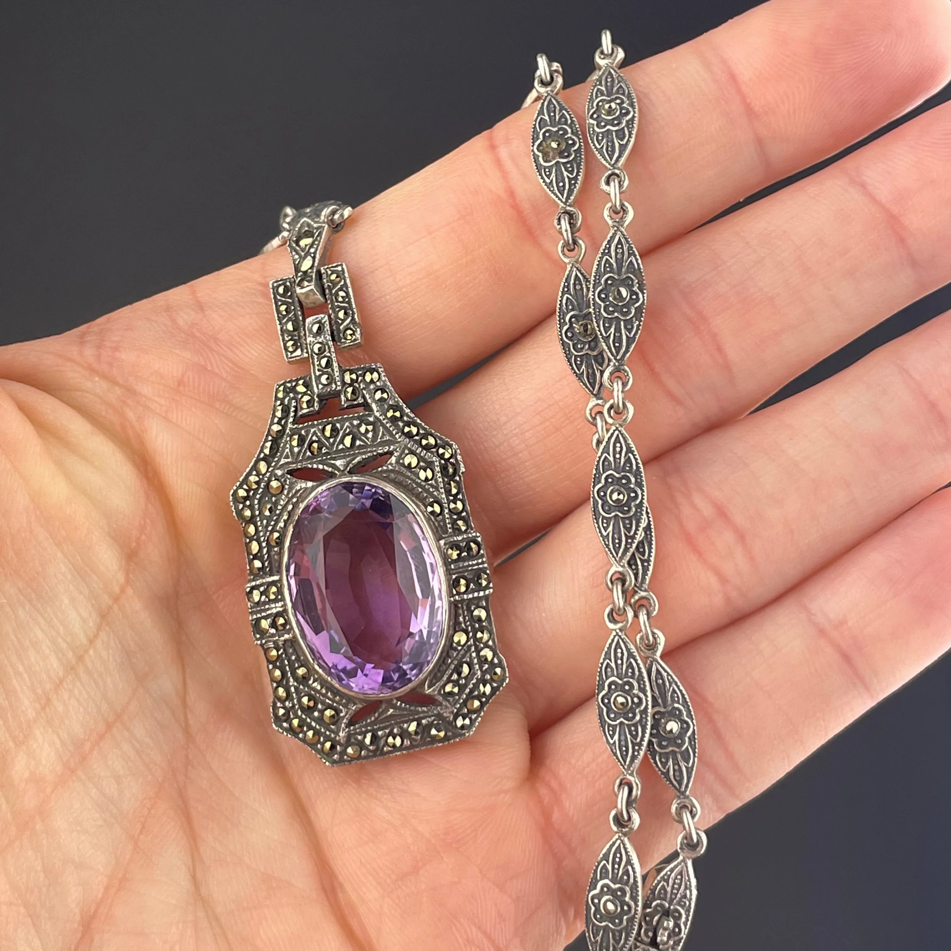 Art Deco Style Amethyst Marcasite Pendant Necklace