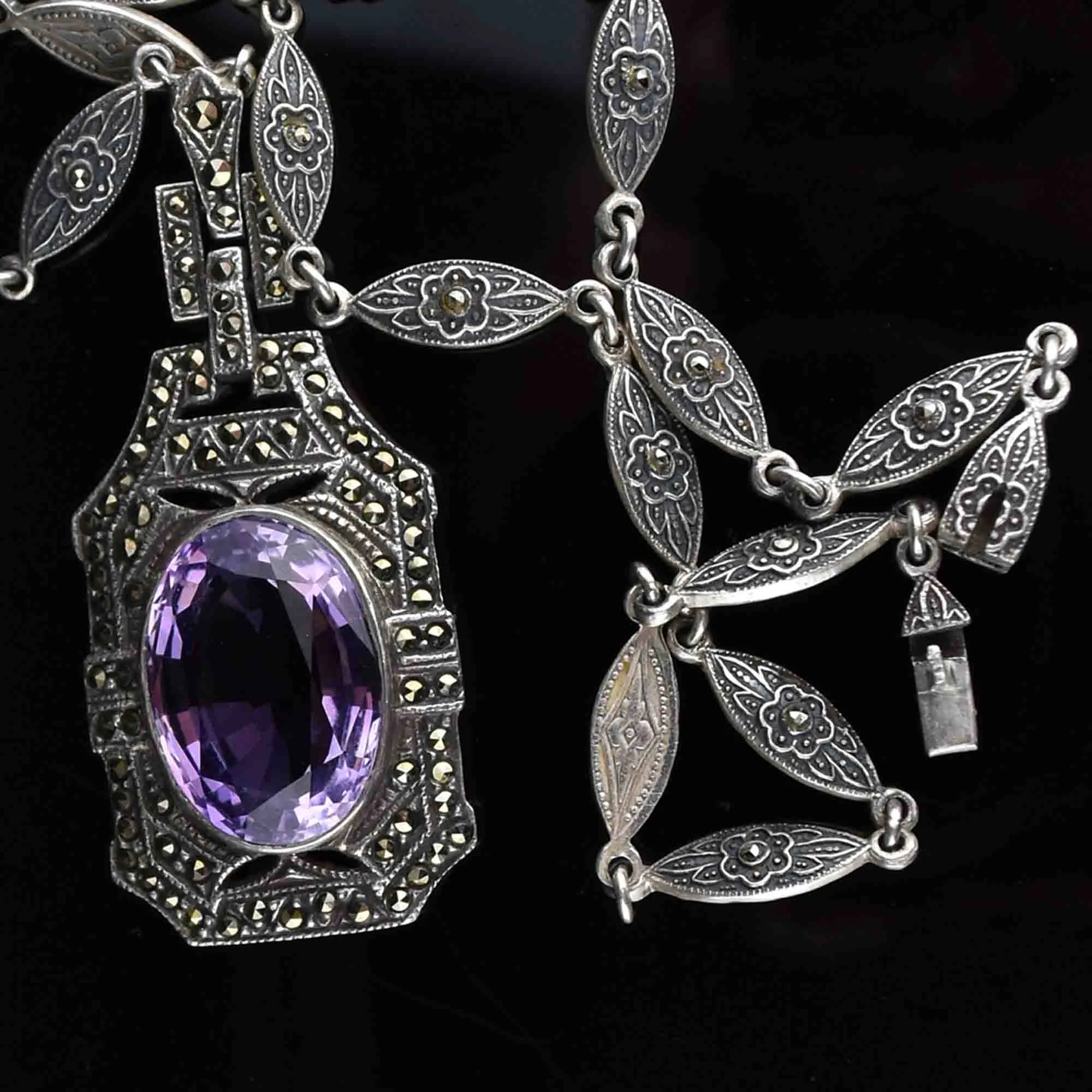 Art Deco Style Amethyst Marcasite Pendant Necklace