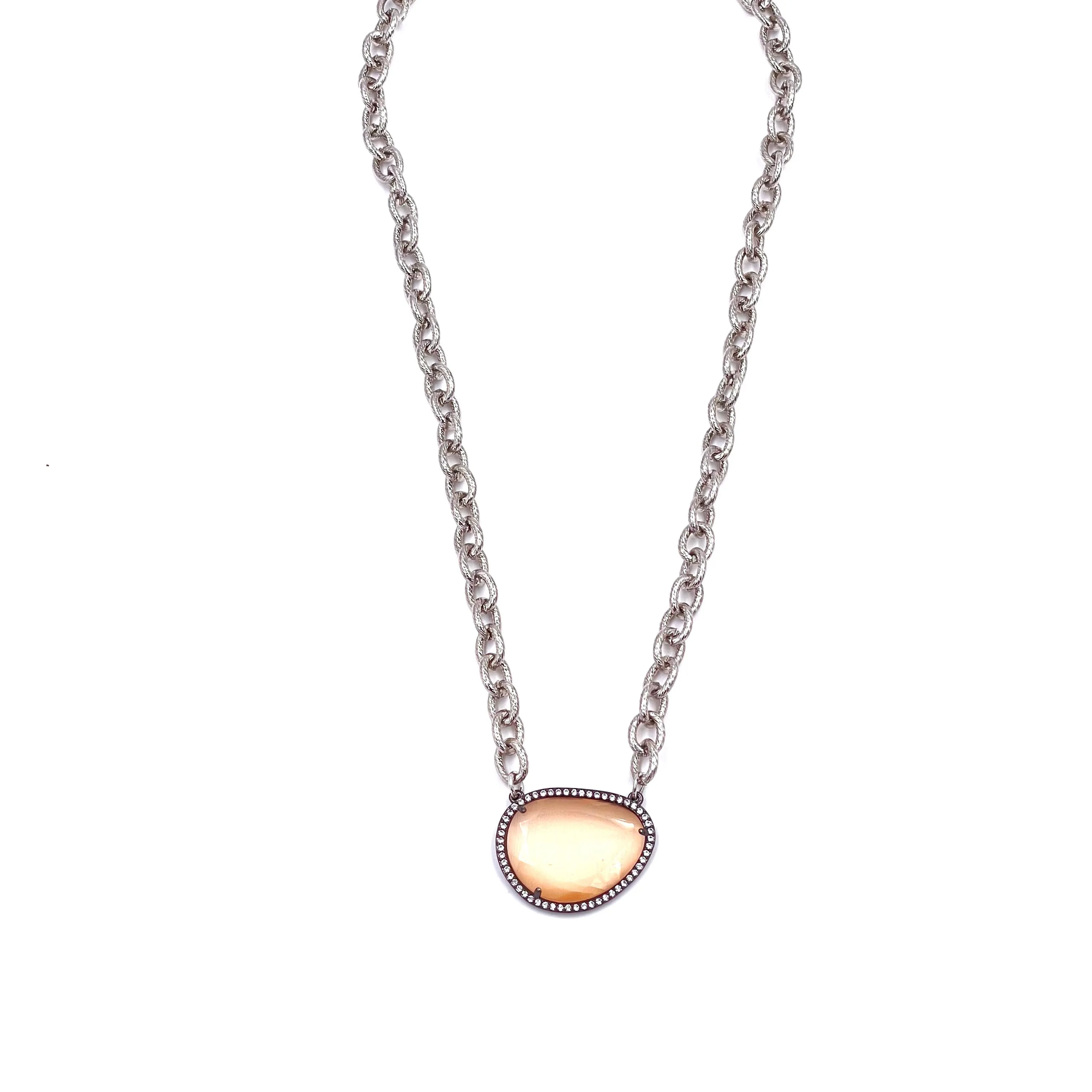 Ashley Gold Stainless Steel CZ Bezel Peach Cats Eye Necklace