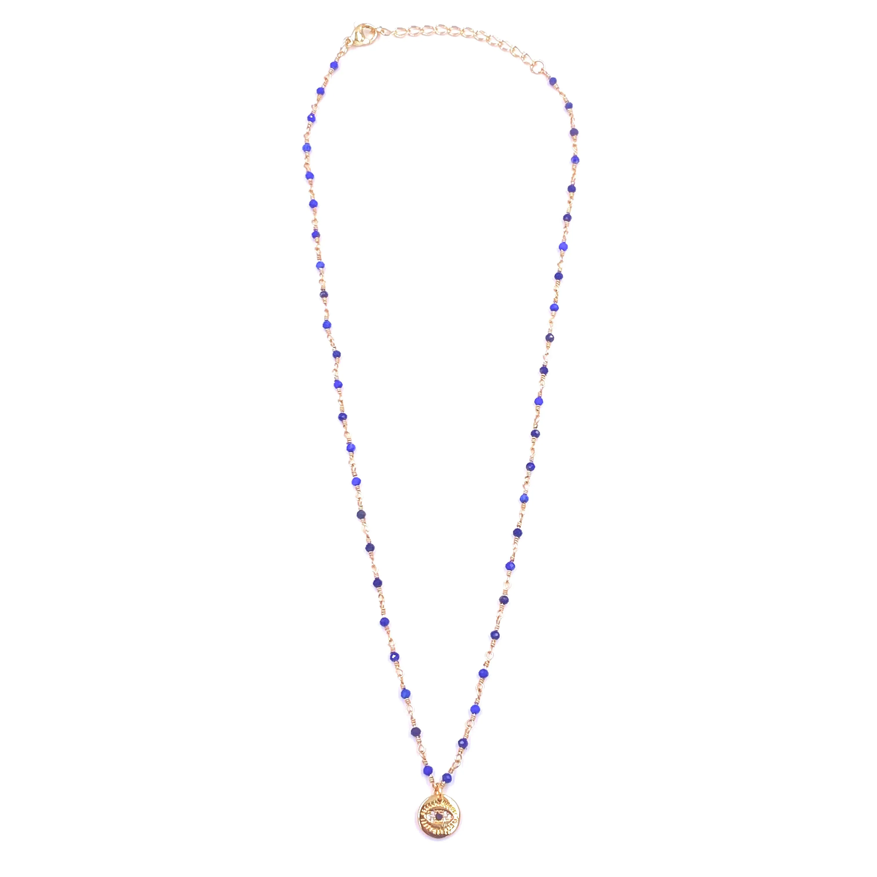 Ashley Gold Stainless Steel Gold Plated Blue Beaded Chain And CZ Evil Eye Pendant Necklace