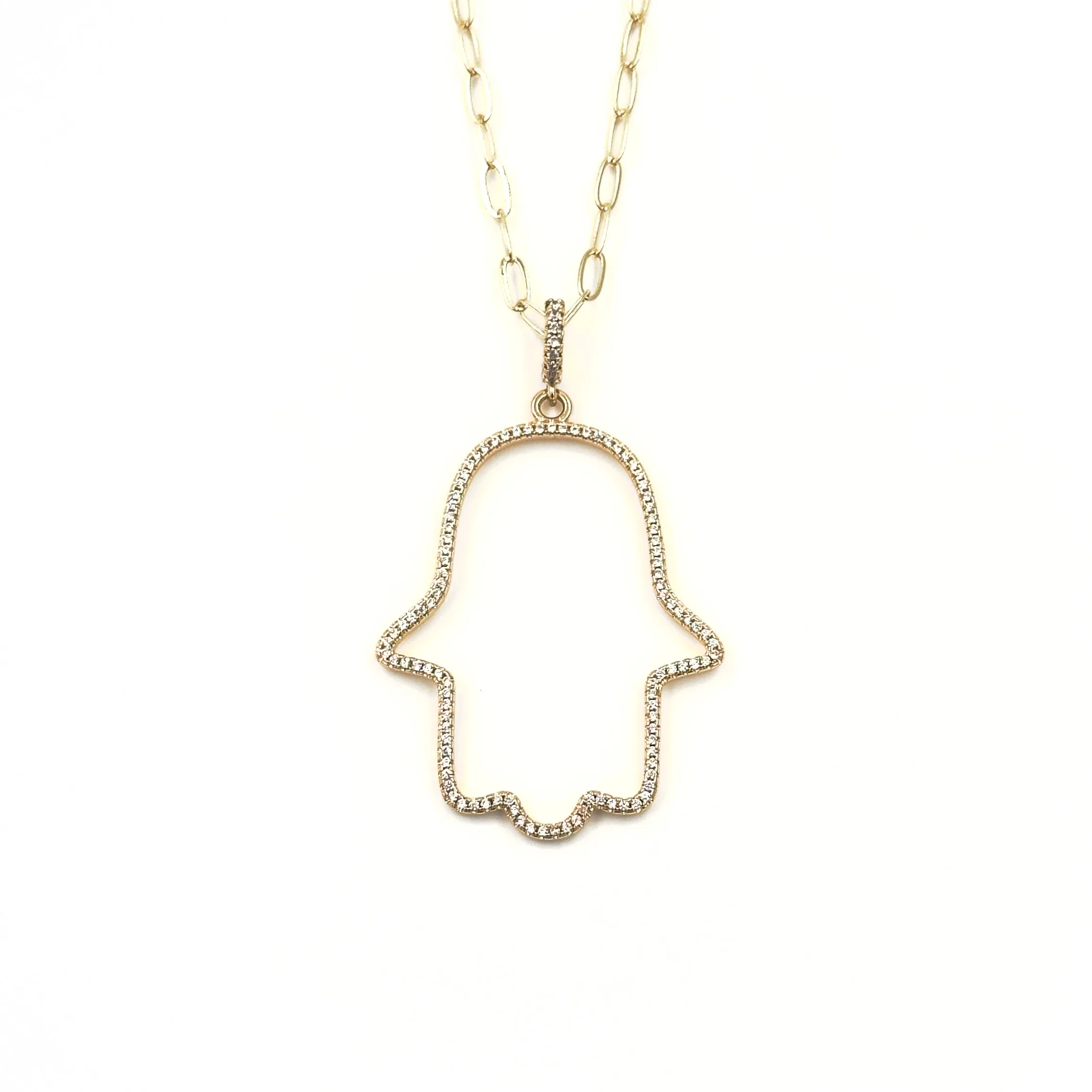 Ashley Gold Stainless Steel Gold Plated Open CZ Hamsa Hand Pendant Long Necklace