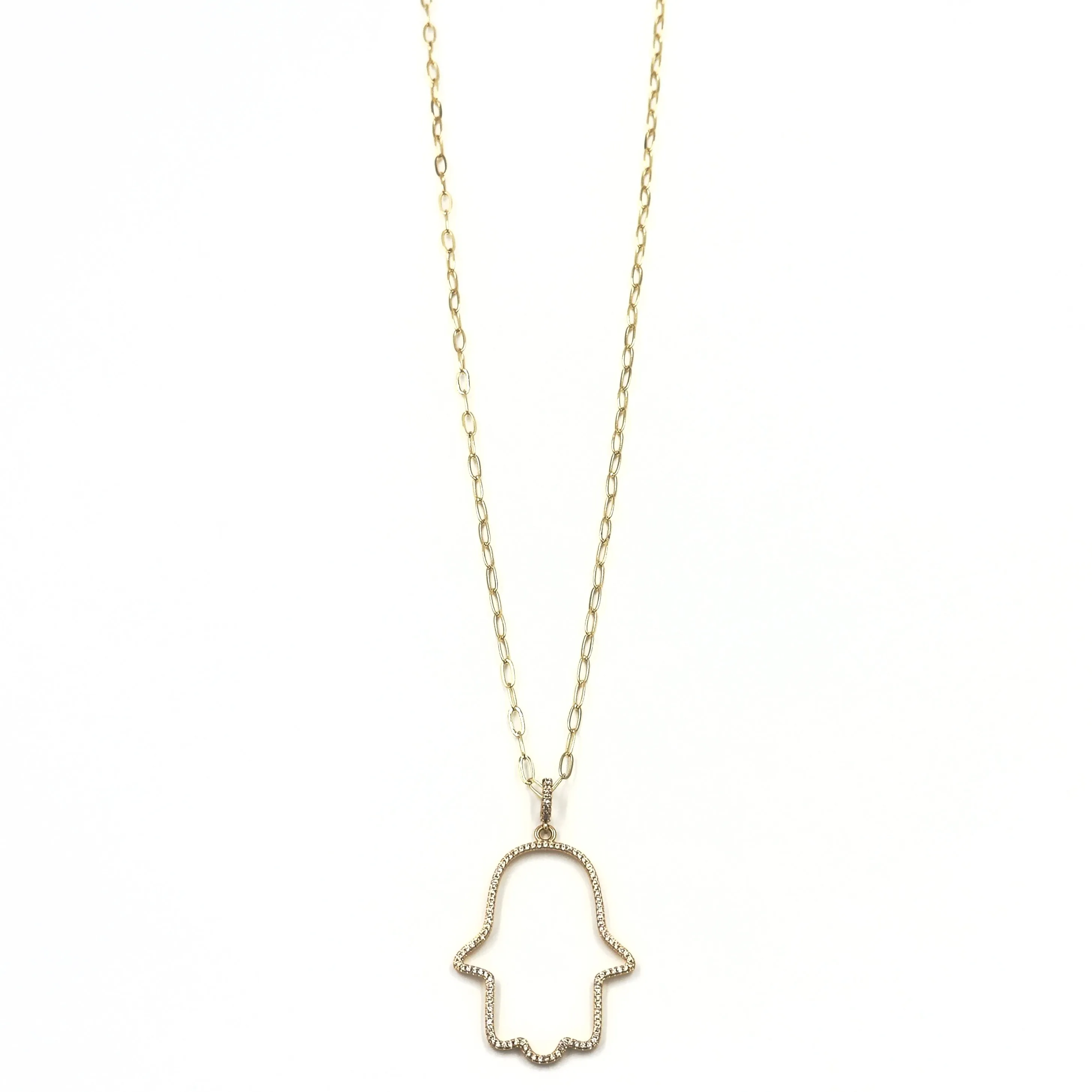 Ashley Gold Stainless Steel Gold Plated Open CZ Hamsa Hand Pendant Long Necklace