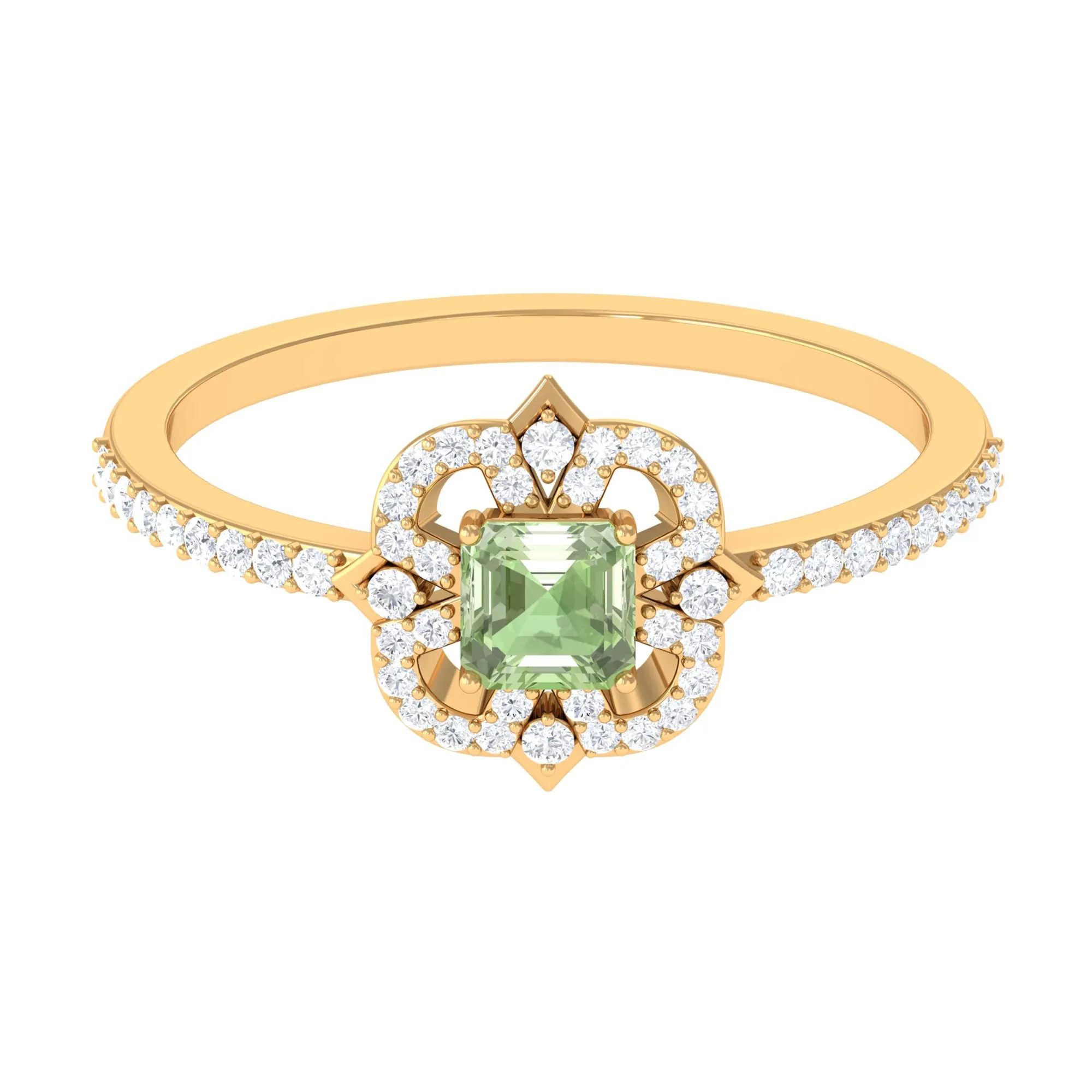 Asscher Cut Created Green Sapphire Statement Engagement Ring with Diamond Halo