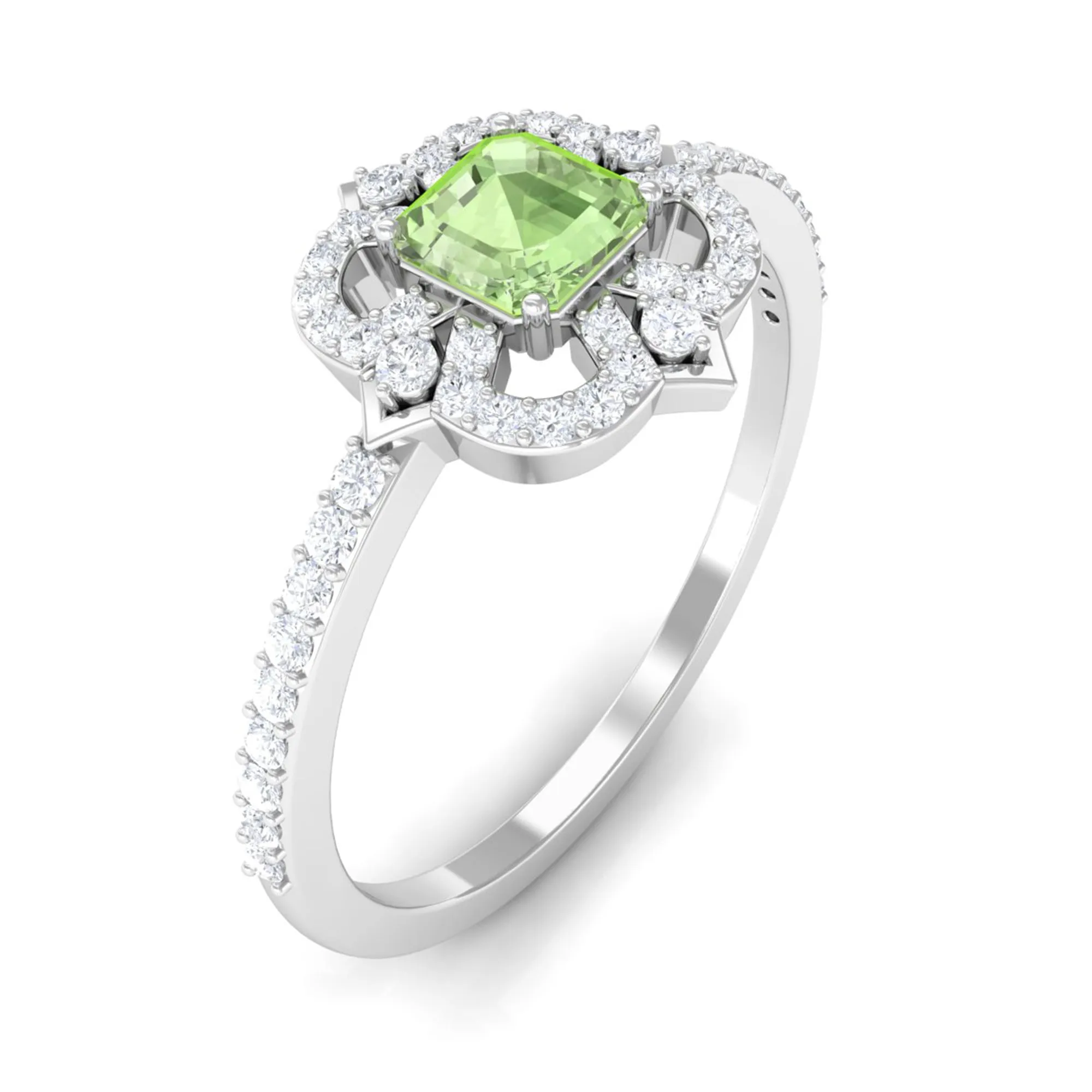 Asscher Cut Created Green Sapphire Statement Engagement Ring with Diamond Halo