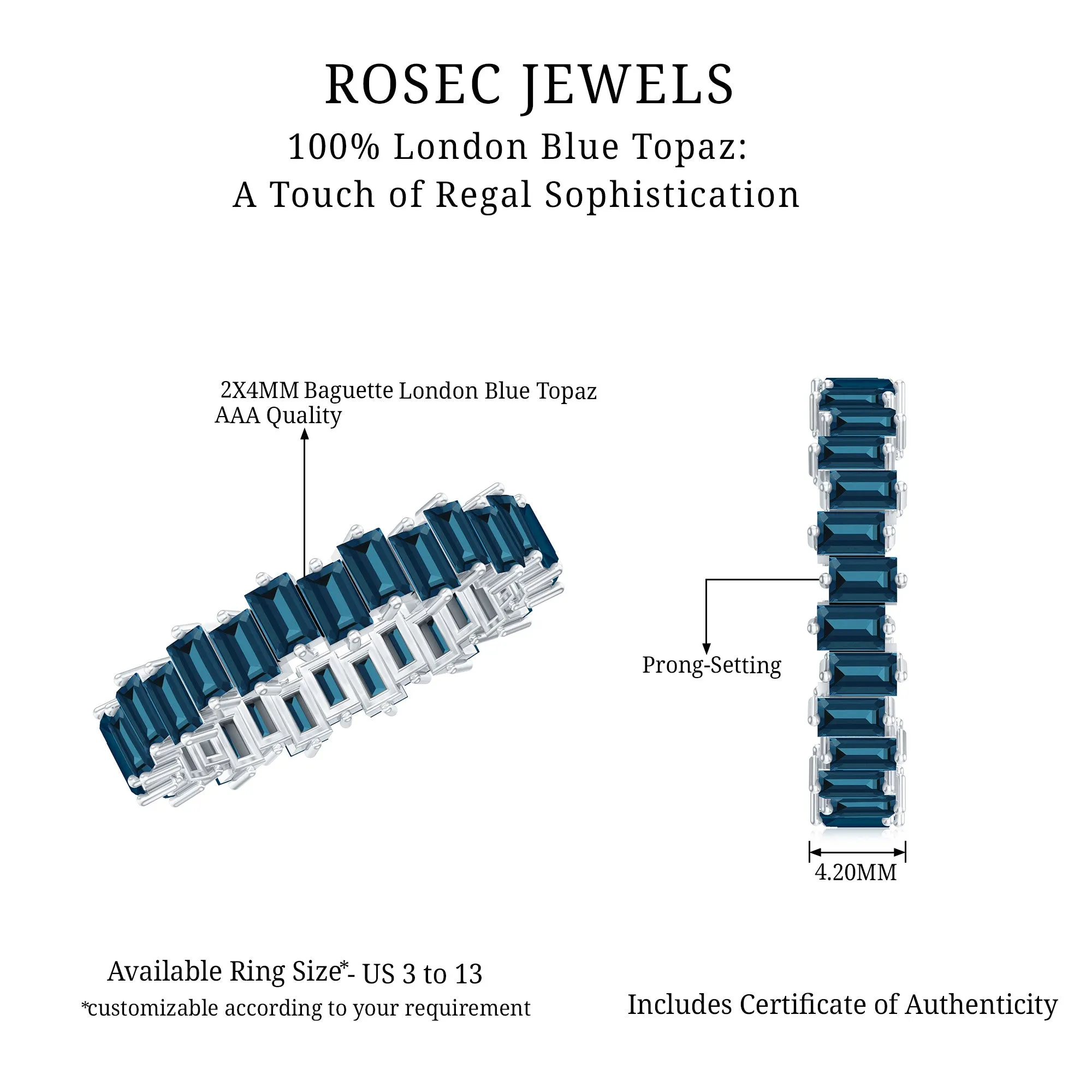 Baguette Cut London Blue Topaz Uneven Eternity Ring in 2 Prong Setting