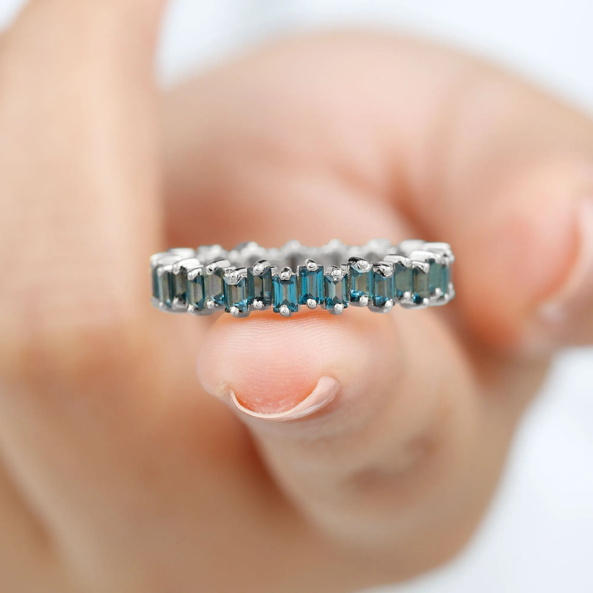 Baguette Cut London Blue Topaz Uneven Eternity Ring in 2 Prong Setting