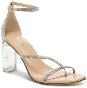 BAR III Womens Beige Padded Goring Toe Ring Asymmetrical Strap Embellished Ankle Strap Blakke Square Toe Block Heel Buckle Dress Heeled M