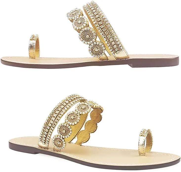 Beaded Rhinestone Circle Gold Summer Elegant  Sandal