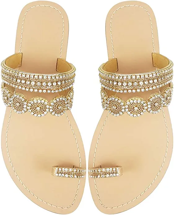 Beaded Rhinestone Circle Gold Summer Elegant  Sandal