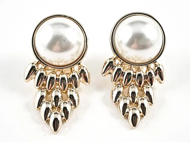 Beautiful Round Pearl With Chandelier Shiny Gold Tone Design Omega Clip Brass Earrings