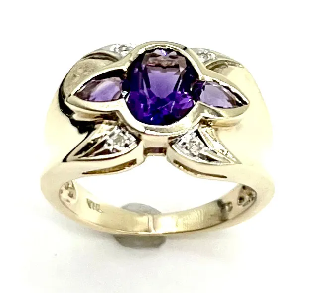 Bezel Amethyst and Diamond Ring