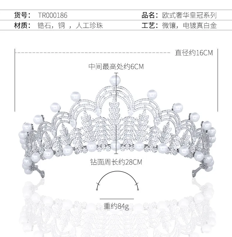 Big Cubic Zirconia Princess Tiara,Pearls Tiaras for Bridal, Headpieces Accessories TR00168