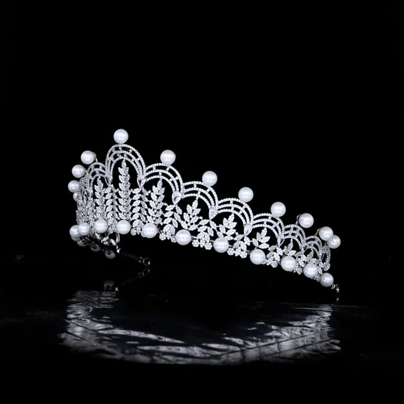 Big Cubic Zirconia Princess Tiara,Pearls Tiaras for Bridal, Headpieces Accessories TR00168