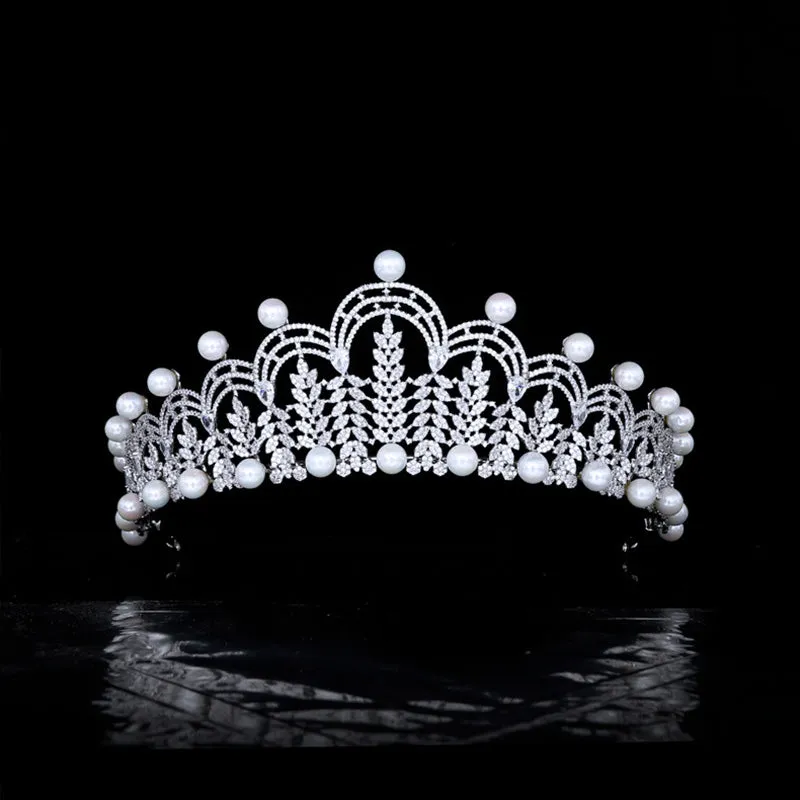 Big Cubic Zirconia Princess Tiara,Pearls Tiaras for Bridal, Headpieces Accessories TR00168