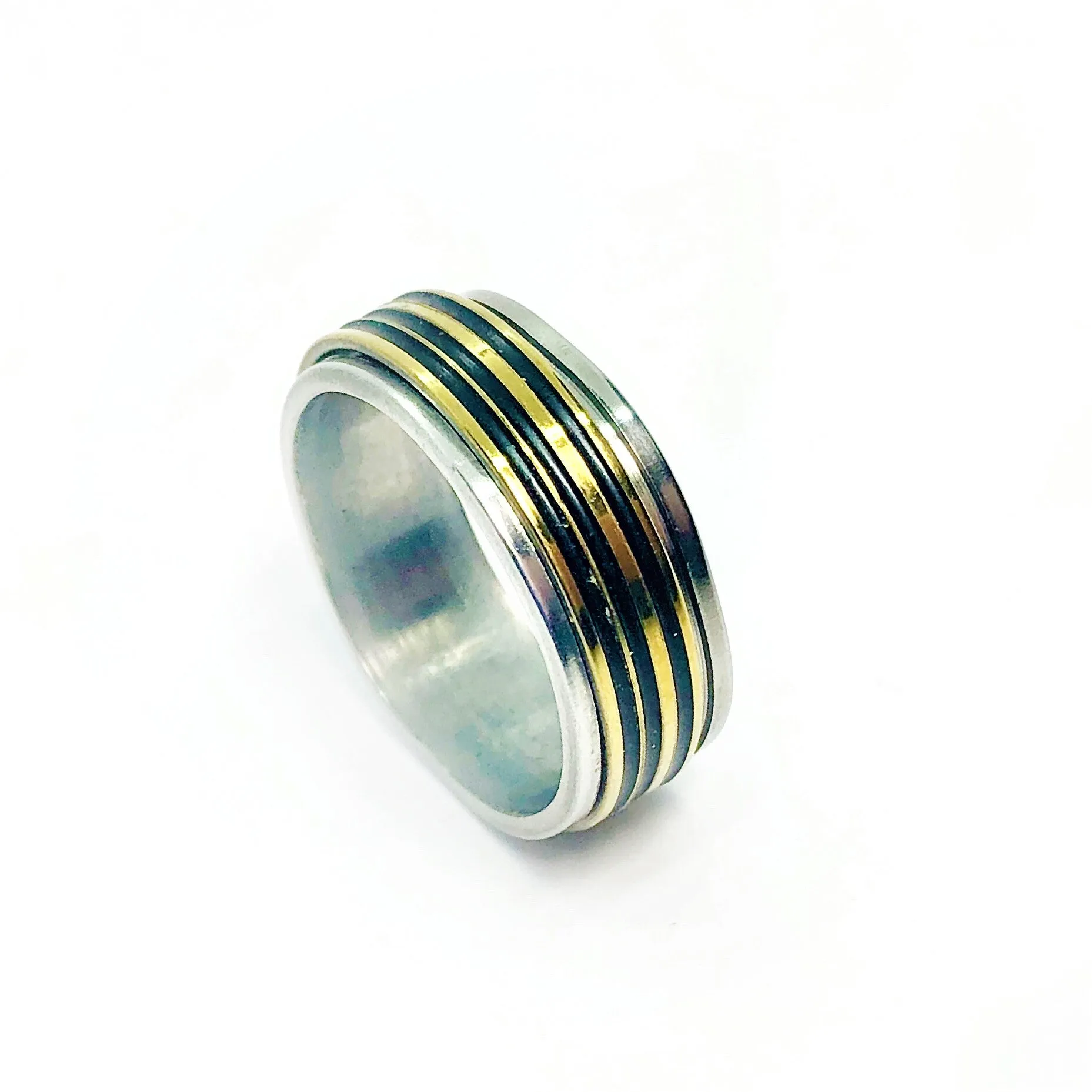 Black And Gold Lines  Stainless Steel Spinner Ring