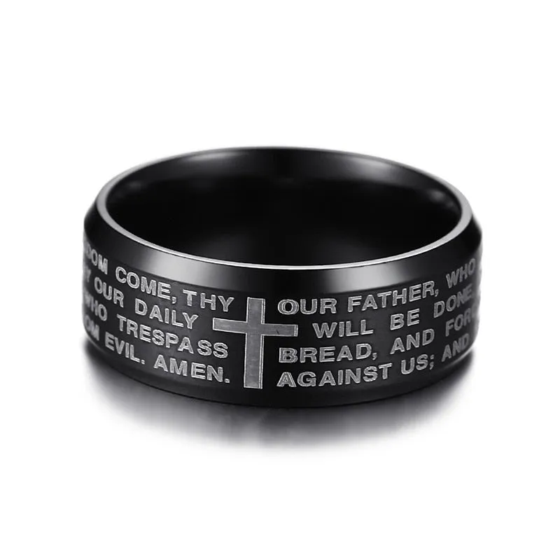 Black Stainless Steel Lord's Prayer Cross Religious Wedding Band