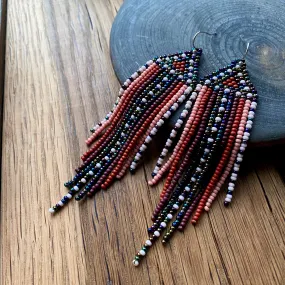 Brown Navy Blue Seed Bead Chandelier Earrings. Unique Indigenous style Earrings Native inspired. Earthy Fringe Earrings. Long Dangle Earring